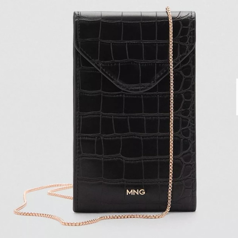 MNG Black Croc-Embossed Crossbody cell phone Bag